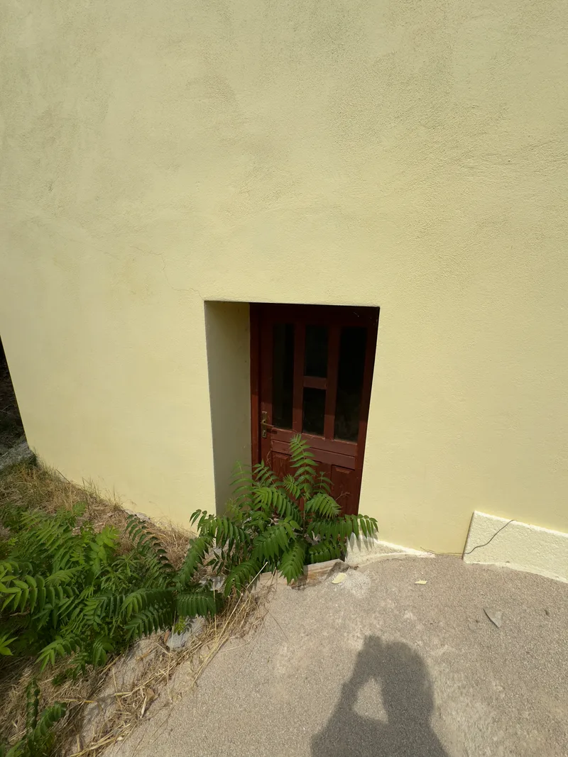 Basement: wine-red door in the yellow wall